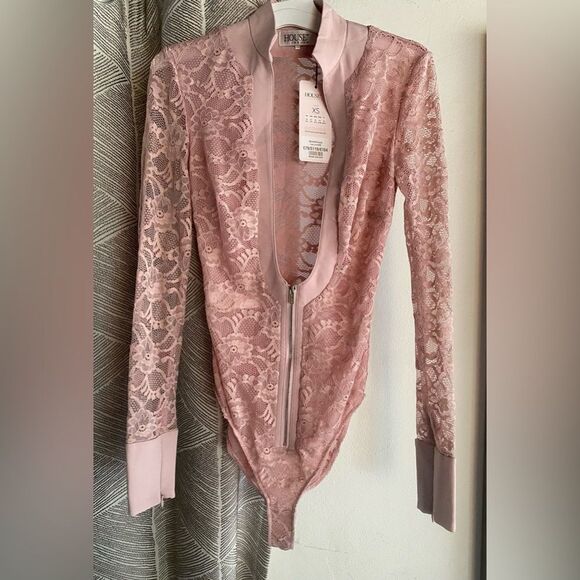 HOUSE OF CB Light Pink Lace Paraisa Plunging Neck Long Sleeve Bodysuit Sz XS - Picture 5 of 13